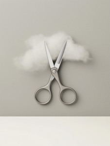 A pair of scissors trimming away dark clouds over a hospital, symbolizing health care’s role in alleviating fear and uncertainty