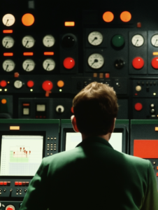 A person standing at a control panel filled with dials and buttons labeled with different emotions and feedback types