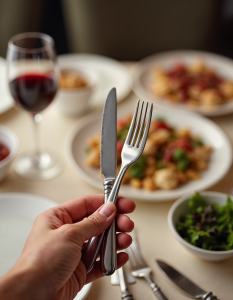 A person’s hand holding a knife and fork at a dining table with a glass of wine and other tableware