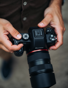 A person’s hands adjusting the settings on a camera, with the camera lens visible in the frame