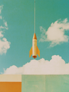 A price tag hanging from a rocket, symbolizing how prices drop dramatically, creating a race to buy quickly