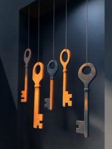 A product display with keys hanging from each item, indicating unique features or benefits waiting to be discovered