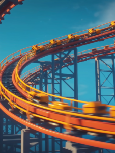 A roller coaster made of shopping carts, illustrating the emotional highs and lows experienced by shoppers during Black Friday