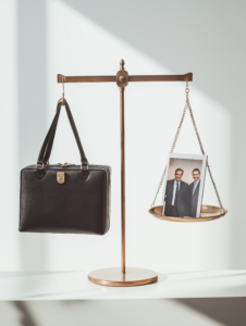 A set of scales balancing a briefcase on one side and a family photo on the other