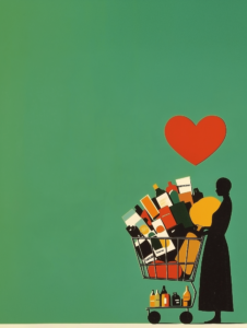 A silhouette of a customer with a heart-shaped shopping cart filled with different items