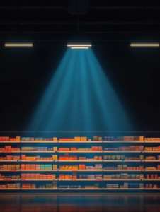 A spotlight illuminating a single shelf in a darkened store, representing the limited availability of certain Black Friday items