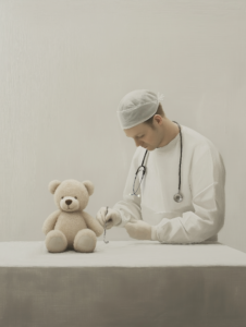 A surgeon meticulously operating on a teddy bear, representing misplaced precision