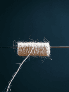 A thin thread spools out from the eye of a needle, representing either the start of a new project