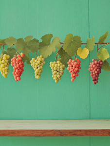 A vine growing around a dining table, with each grape representing a different wine pairing