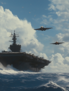 An aircraft carrier deploying fighter jets against a backdrop of ocean waves