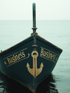 An anchor attached to a ship labeled Business, stabilizing it in rough economic waters