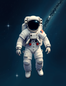 An astronaut floating in space against a backdrop of stars and galaxies the astronaut’s suit is white and bulky, with a large helmet that reflects the light of the stars