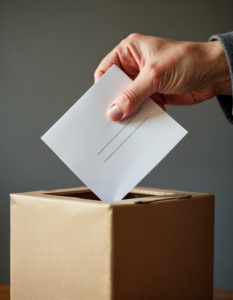 A ballot box being stuffed with fraudulent votes, representing the threat of election manipulation and corruption