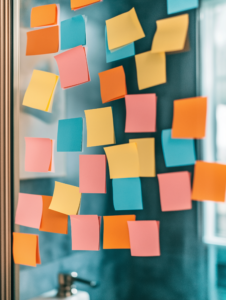 A bathroom mirror adorned with various colorful sticky notes featuring positive affirmations, encouraging daily self-affirmation