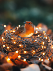 A bird in a nest made of string lights, symbolizing how pets light up their owners’ lives with joy