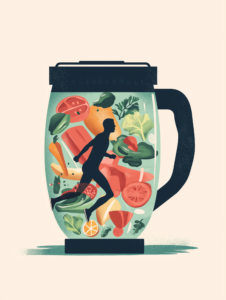 A blender swirling with fresh produce and a silhouette of a person running, symbolizing post-workout nutrition fueling recovery