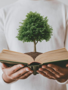 A book of scripture opening to reveal a growing tree, symbolizing the life-giving wisdom found in religious teachings