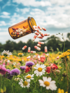 A bottle of pills spilling into a field of flowers, symbolizing how medicine restores life and vitality