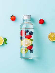 A bottle of water with fruits and dumbbells floating inside, symbolizing hydration, nutrition, and strength all connected in fitness