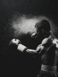 A boxer delivering a knockout punch, with stars flying out from the impact point, symbolizing the power and success of a decisive win