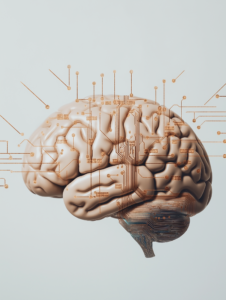 A brain connected to digital circuits, representing the convergence of neuroscience and artificial intelligence in modern science