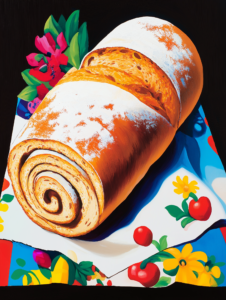 A bread roll unrolling like a scroll, revealing layers of history and tradition in baking