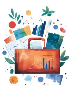 A briefcase filled with graphs and charts spilling out, symbolizing the tools and strategies of financial planning