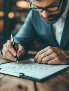 A businessperson reviewing or checking off tasks on a clipboard or digital device, symbolizing personal responsibility and task completion