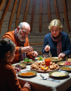 A candid photo of a family sharing a meal in a traditional yurt in Mongolia, highlighting their nomadic lifestyle and connection to the land