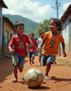 A candid photograph of a group of children playing soccer in a favela in Brazil, their faces lit up with joy and laughter