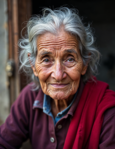 A candid portrait of an elderly woman in a remote village in Nepal, her face etched with wrinkles that tell a story of resilience and wisdom