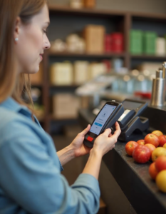 A cashier using a contactless payment system, shows the convenience and speed of modern retail transactions