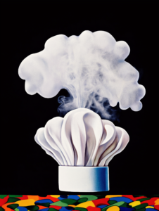 A chef’s hat made of steam, representing the fleeting, delicate nature of aromas and flavors in cooking