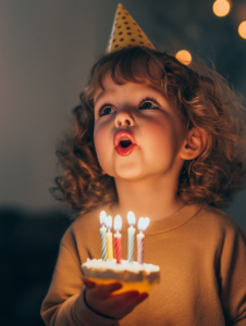 A child blowing out birthday candles, with their face lit by the glow, symbolizing the happiness of celebrating special milestones