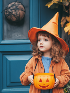 A child dressed in a Halloween costume, trick-or-treating door to door, symbolizing the playful and joyful spirit of holiday festivities