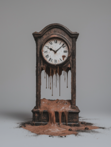 A clock that slowly drips away, symbolizing the fluid and fleeting nature of time