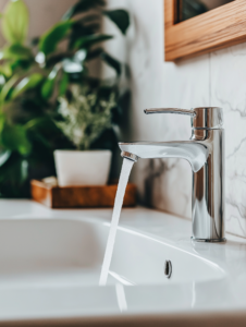 A close-up of a faucet with a water-saving aerator installed, promoting small but effective ways to conserve water