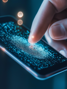 A close-up of a fingerprint being scanned on a smartphone or digital tablet, symbolizing biometric security