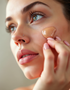 A close-up of a makeup product being applied, emphasizing its texture and application