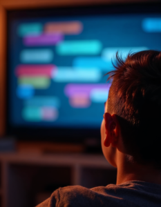 A close-up of a person with a hearing impairment watching a video with closed captions, the words appearing as colorful, dynamic text bubbles that seem to dance across the screen