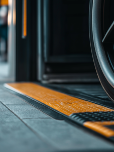 A close-up of a wheelchair ramp or an automatic door, highlighting the importance of accessibility in public spaces