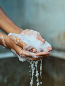 A close-up of hands being washed under running water with soap, promoting basic hygiene practices for public health