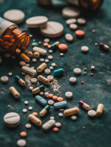 A close-up of scattered pills and open prescription bottles on a table, symbolizing the dangers of prescription drug addiction