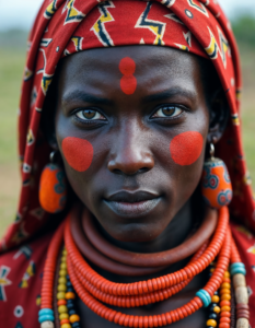 A close-up portrait of a Maasai warrior in Kenya, adorned with colorful beads and traditional face paint, gazing intensely into the camera