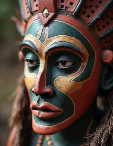 A close-up shot of a handcrafted mask used in a tribal ceremony in Papua New Guinea, showcasing the intricate details and cultural significance behind this art form