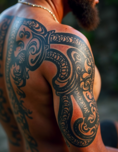 A close-up shot of a traditional Maori tattoo in New Zealand, showcasing the intricate designs and cultural significance behind this art form