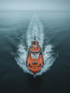 A coast guard vessel patrolling the sea, representing maritime security, search and rescue, and the enforcement of maritime law