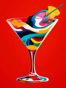 A cocktail glass where the drink mixes like swirling paint, symbolizing the artistry and creativity in mixology