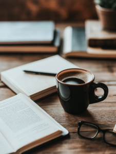 A coffee cup next to study materials, symbolizing the need for energy and breaks during long study sessions