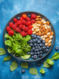 A colorful, healthy meal with a focus on foods that promote brain health, such as nuts, berries, and leafy greens